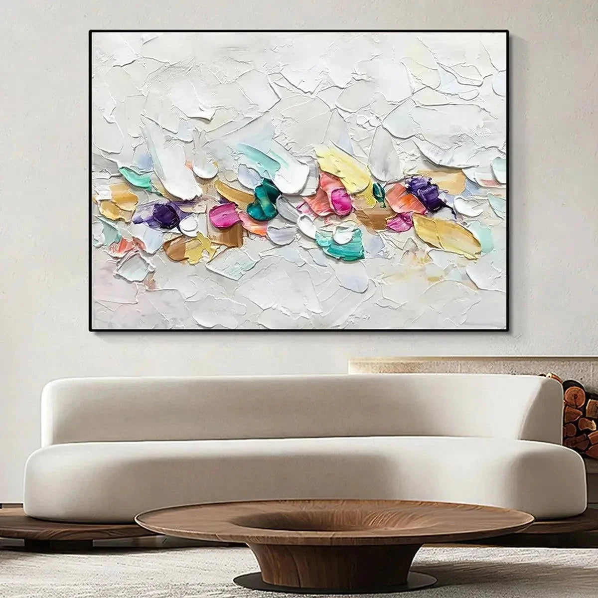 CONFETTI DREAM: Textured Abstract Painting in Pastel Rainbow | gold frame stretched on neutral wall