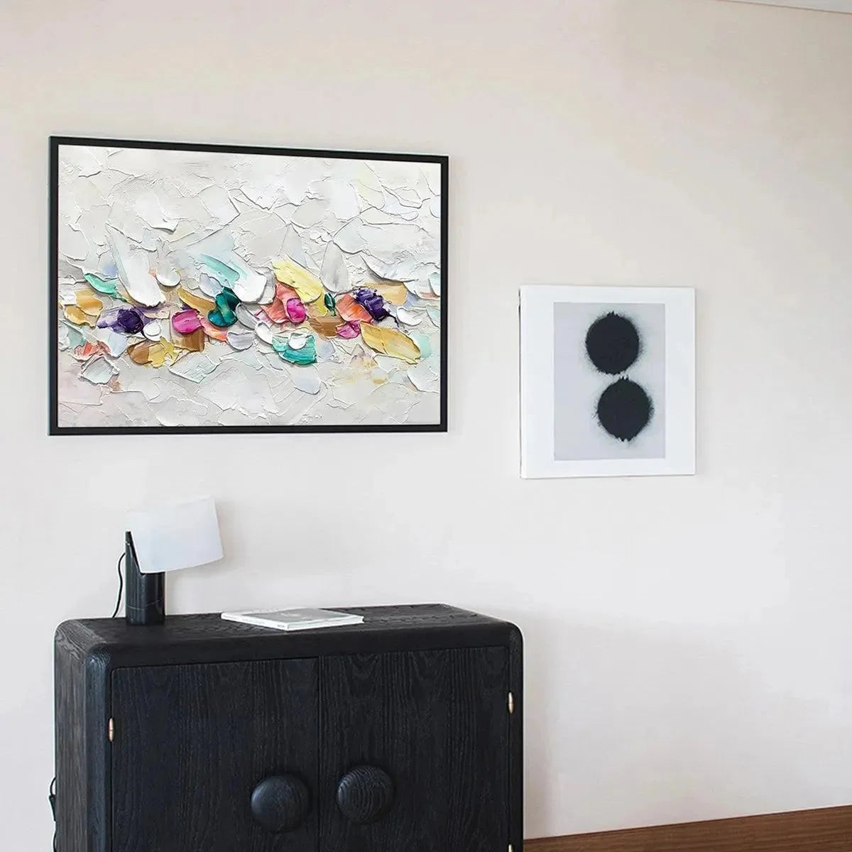 CONFETTI DREAM: Textured Abstract Painting in Pastel Rainbow | black frame version on white wall