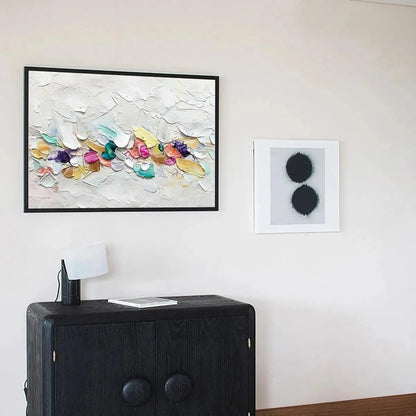 CONFETTI DREAM: Textured Abstract Painting in Pastel Rainbow | black frame version on white wall