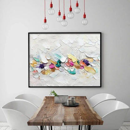 CONFETTI DREAM: Textured Abstract Painting in Pastel Rainbow | beige palette, original Hand-painted on premium stretched canvas using artist-grade oils; rich layered surface combines smooth gradien...