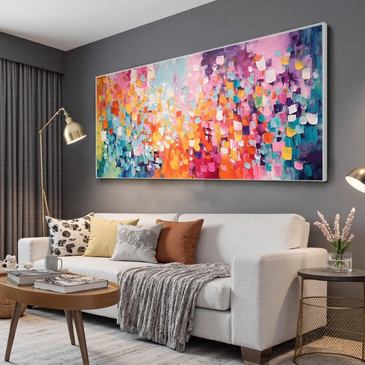 CONFETTI DREAMS: Textured Abstract Oil Painting | gold frame stretched on neutral wall