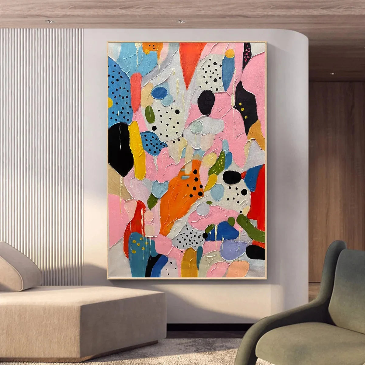 CONFETTI DREAMS: Vertical Abstract Painting in Vibrant Pink and Multicolor | Abstract closeup, raised brushwork detail