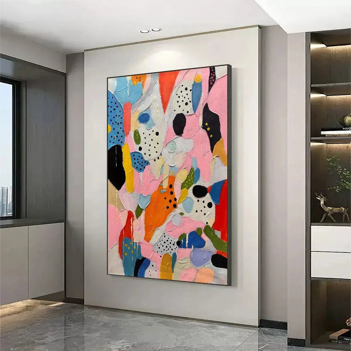CONFETTI DREAMS: Vertical Abstract Painting in Vibrant Pink and Multicolor | gold frame stretched on neutral wall