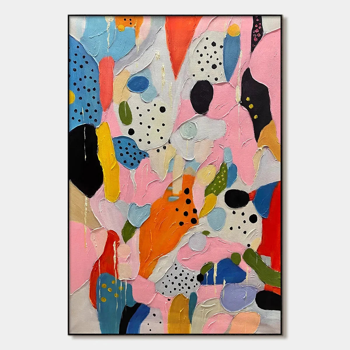 CONFETTI DREAMS: Vertical Abstract Painting in Vibrant Pink and Multicolor | hanging in CONFETTI DREAMS: Vertical Abstract Painting in Vibrant Pink and Multicolor featuring layered textured brushwo...