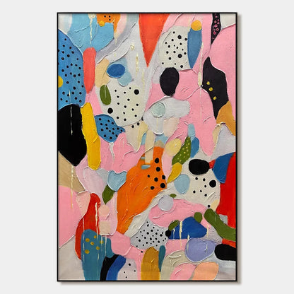 CONFETTI DREAMS: Vertical Abstract Painting in Vibrant Pink and Multicolor | hanging in CONFETTI DREAMS: Vertical Abstract Painting in Vibrant Pink and Multicolor featuring layered textured brushwo...