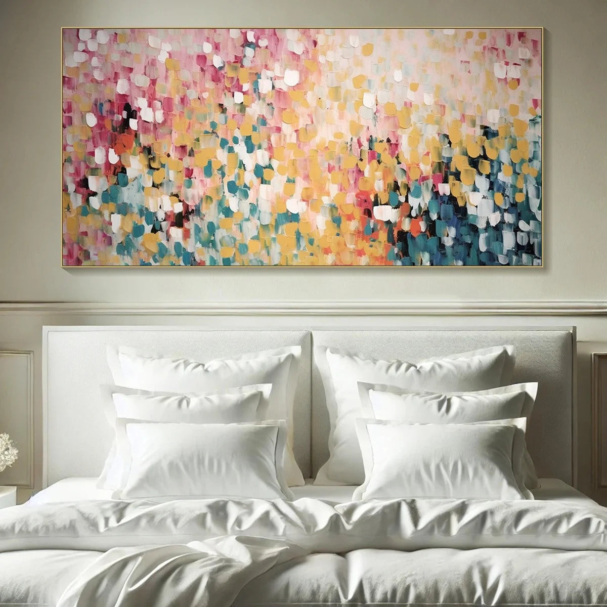 CONFETTI GARDEN: Abstract Floral Painting in Pink, Yellow, and Teal, Panoramic Canvas, Modern Wall Art | Abstract closeup, raised brushwork detail