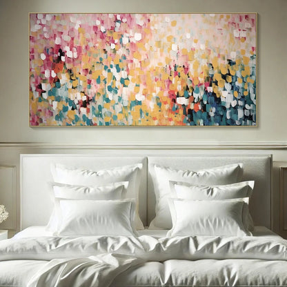 CONFETTI GARDEN: Abstract Floral Painting in Pink, Yellow, and Teal, Panoramic Canvas, Modern Wall Art | Abstract closeup, raised brushwork detail
