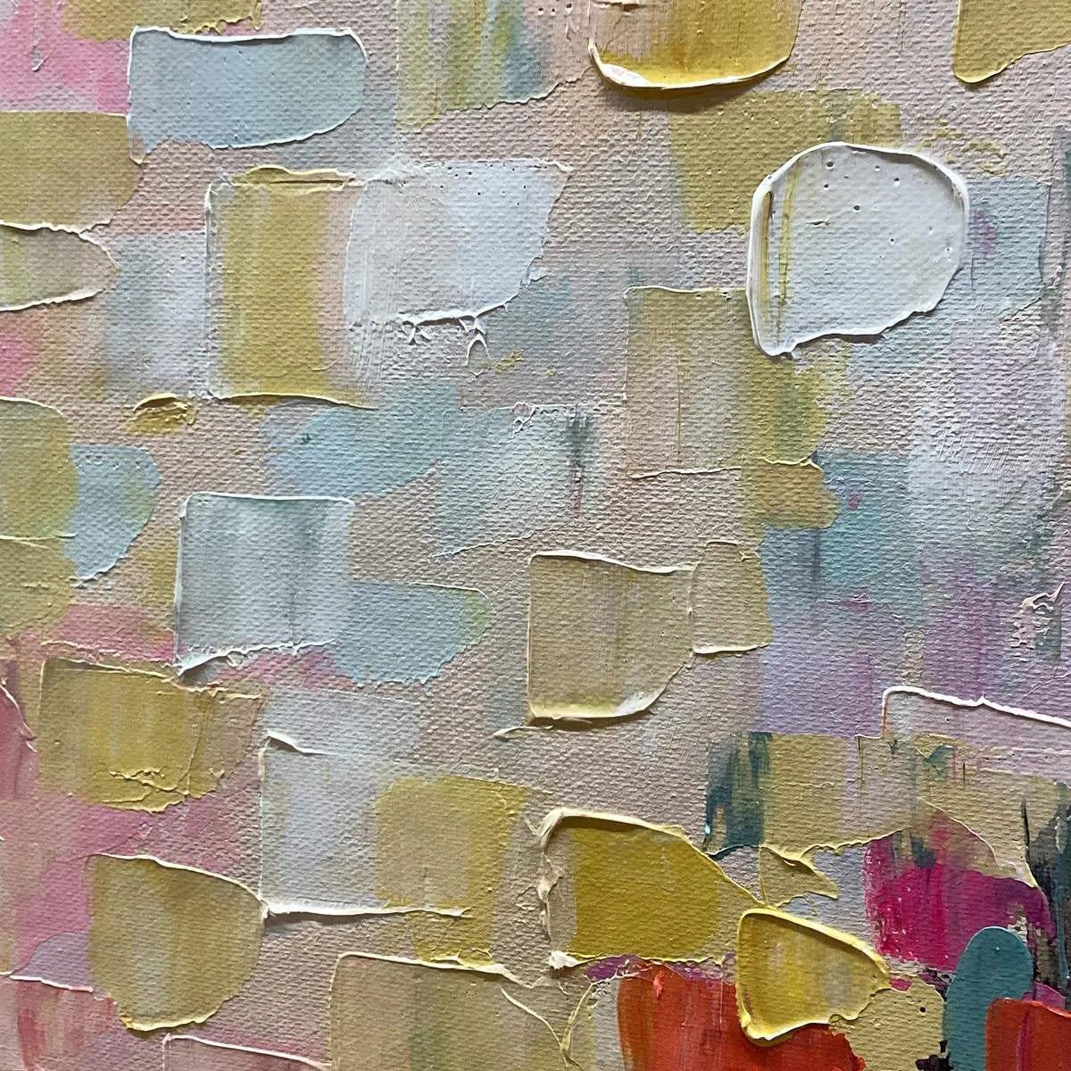 CONFETTI GARDEN: Abstract Floral Painting in Pink, Yellow, and Teal, Panoramic Canvas, Modern Wall Art | rectangular format, hand-painted canvas edge