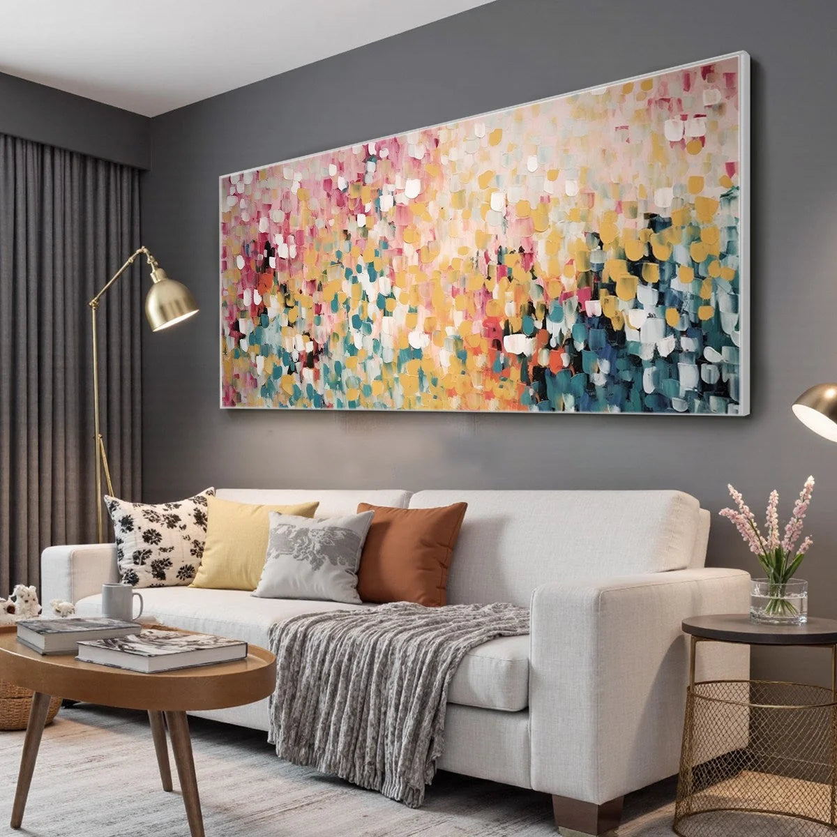 CONFETTI GARDEN: Abstract Floral Painting in Pink, Yellow, and Teal, Panoramic Canvas, Modern Wall Art | gold frame stretched on neutral wall