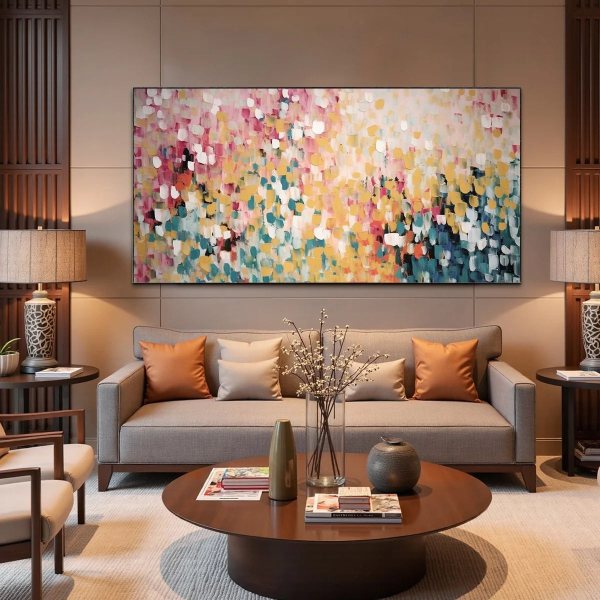 CONFETTI GARDEN: Abstract Floral Painting in Pink, Yellow, and Teal, Panoramic Canvas, Modern Wall Art | rolled canvas, ready for custom framing