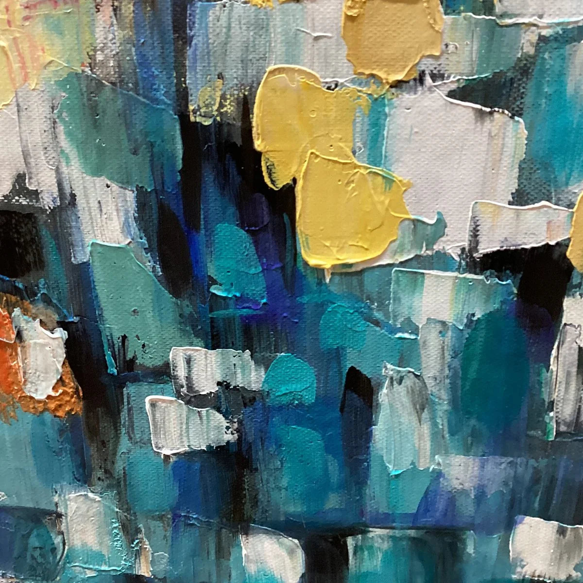 CONFETTI GARDEN: Abstract Floral Painting in Pink, Yellow, and Teal, Panoramic Canvas, Modern Wall Art | black frame version on white wall