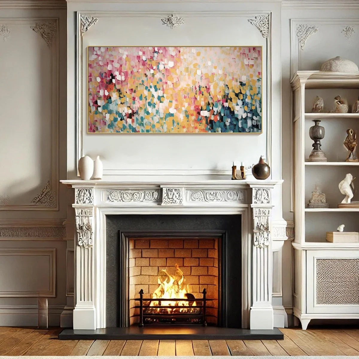CONFETTI GARDEN: Abstract Floral Painting in Pink, Yellow, and Teal, Panoramic Canvas, Modern Wall Art | Abstract mood, soft natural light studio shot