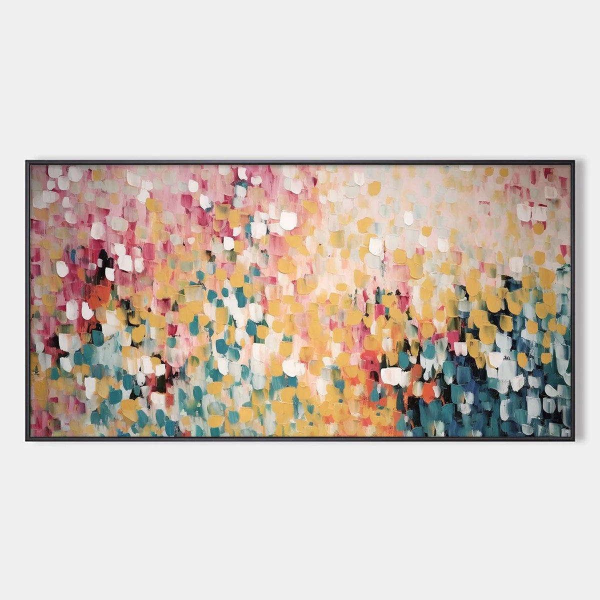 CONFETTI GARDEN: Abstract Floral Painting in Pink, Yellow, and Teal, Panoramic Canvas, Modern Wall Art | hanging in CONFETTI GARDEN: Abstract Floral Painting in Pink, Yellow, and Teal, Panoramic Ca...