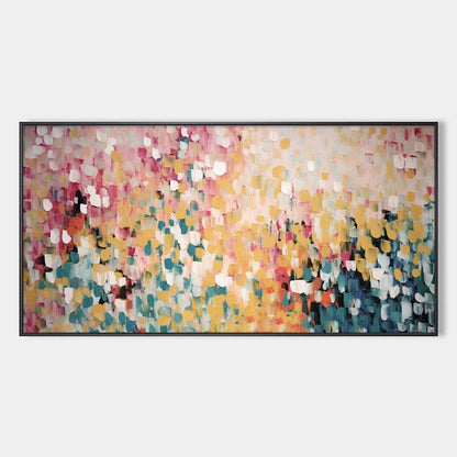 CONFETTI GARDEN: Abstract Floral Painting in Pink, Yellow, and Teal, Panoramic Canvas, Modern Wall Art | hanging in CONFETTI GARDEN: Abstract Floral Painting in Pink, Yellow, and Teal, Panoramic Ca...