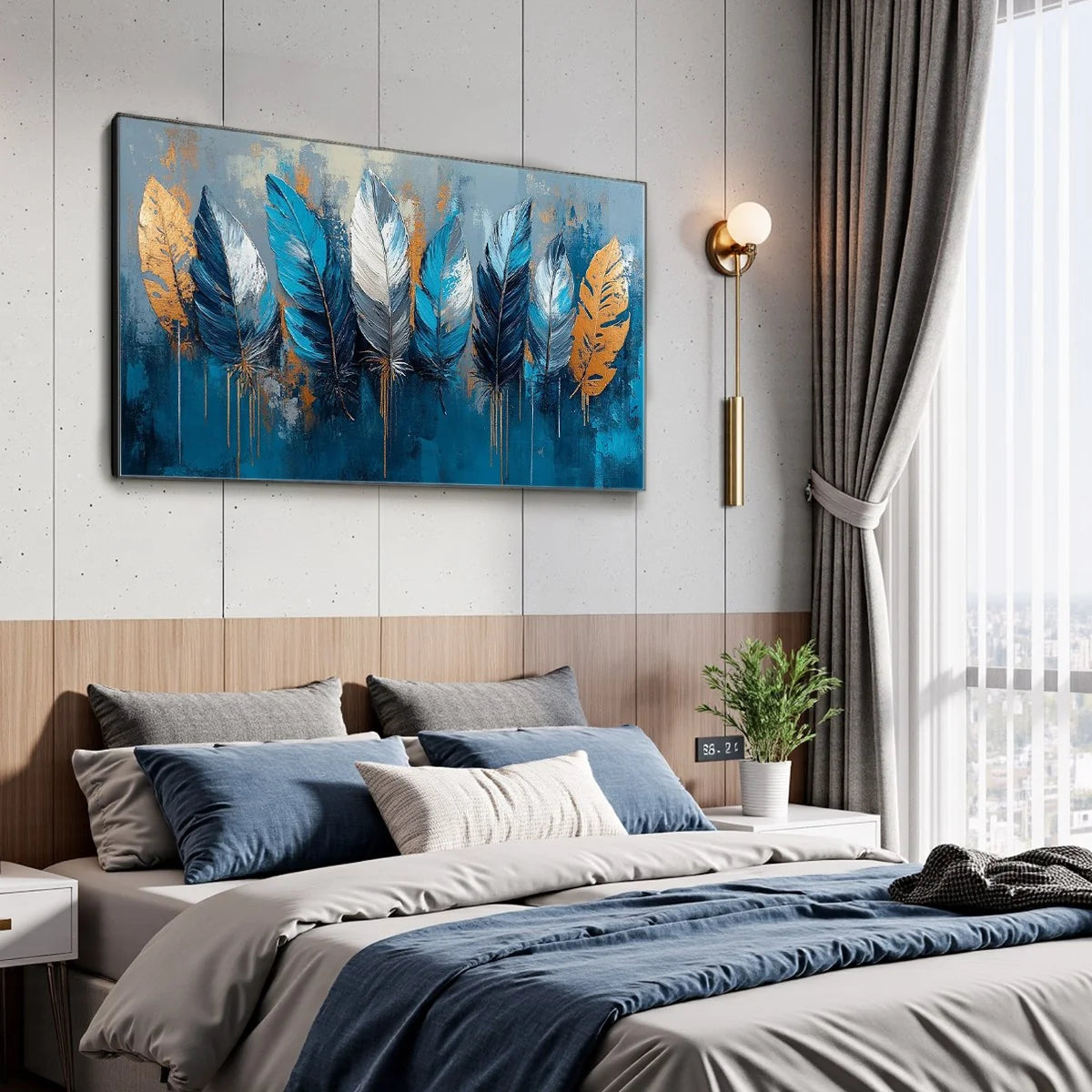 ETHEREAL FEATHERS: Textured Still Life Oil Painting | gold frame stretched on neutral wall