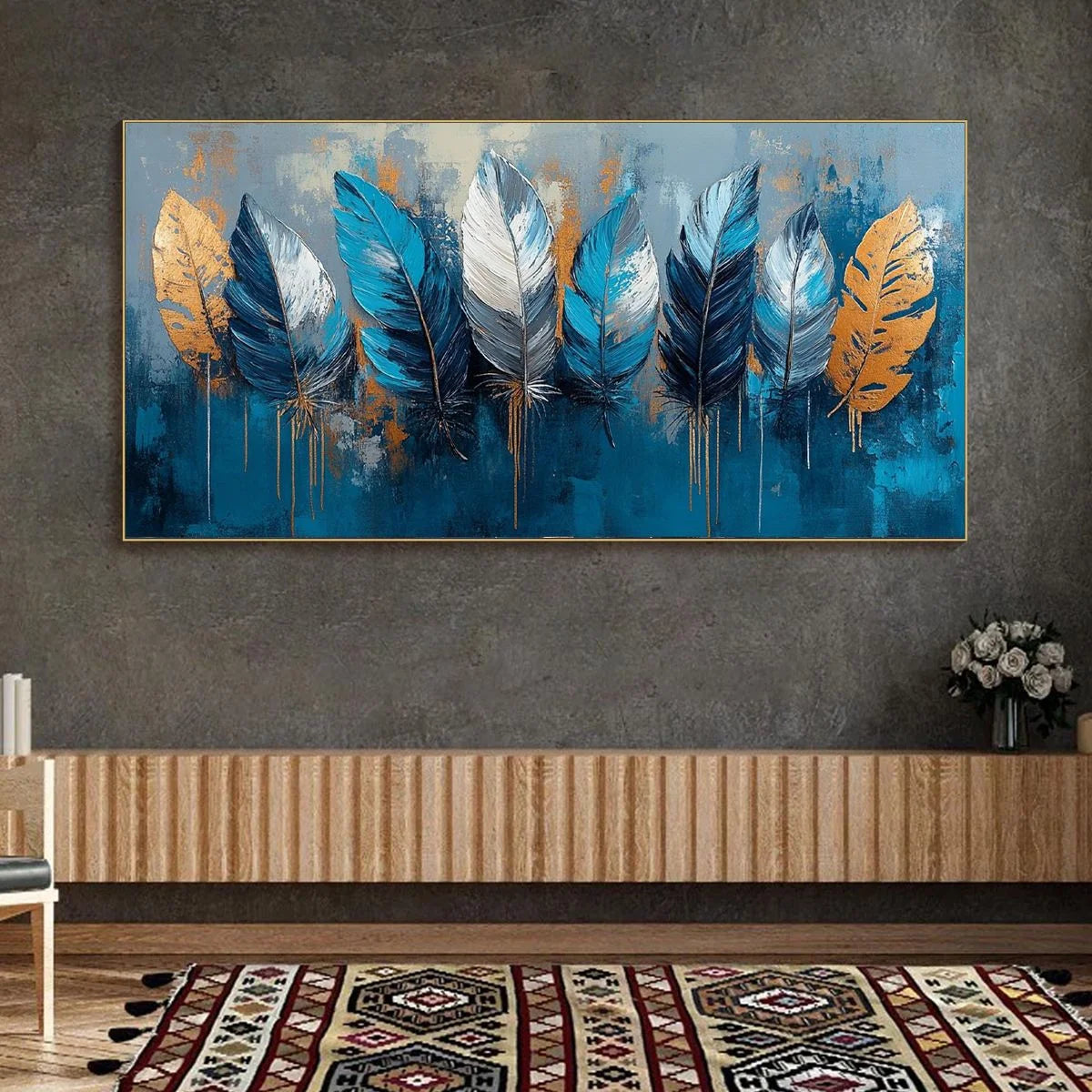 ETHEREAL FEATHERS: Textured Still Life Oil Painting | black frame version on white wall
