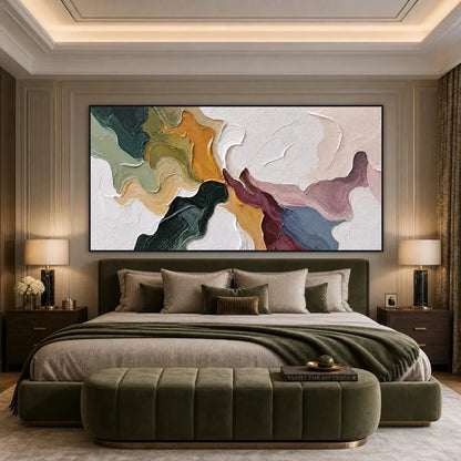 CONFLUENCE: Colorful Textured Abstract Impasto Wall Art | gold frame stretched on neutral wall