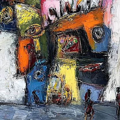 CONFRONTATION-Vibrant-Abstract-Figurative-Expressionist-Painting | rectangular format, hand-painted canvas edge