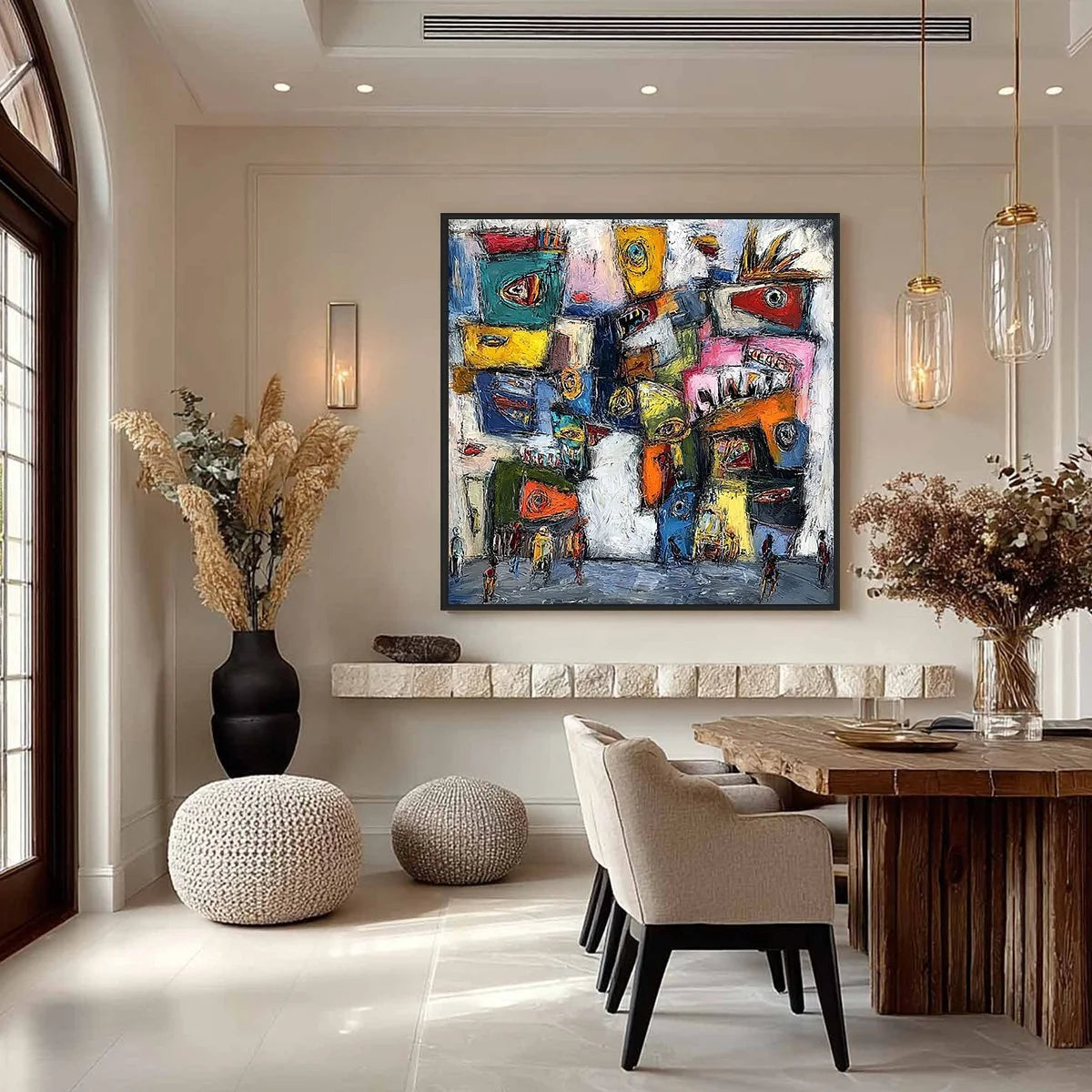 CONFRONTATION-Vibrant-Abstract-Figurative-Expressionist-Painting | gold frame stretched on neutral wall