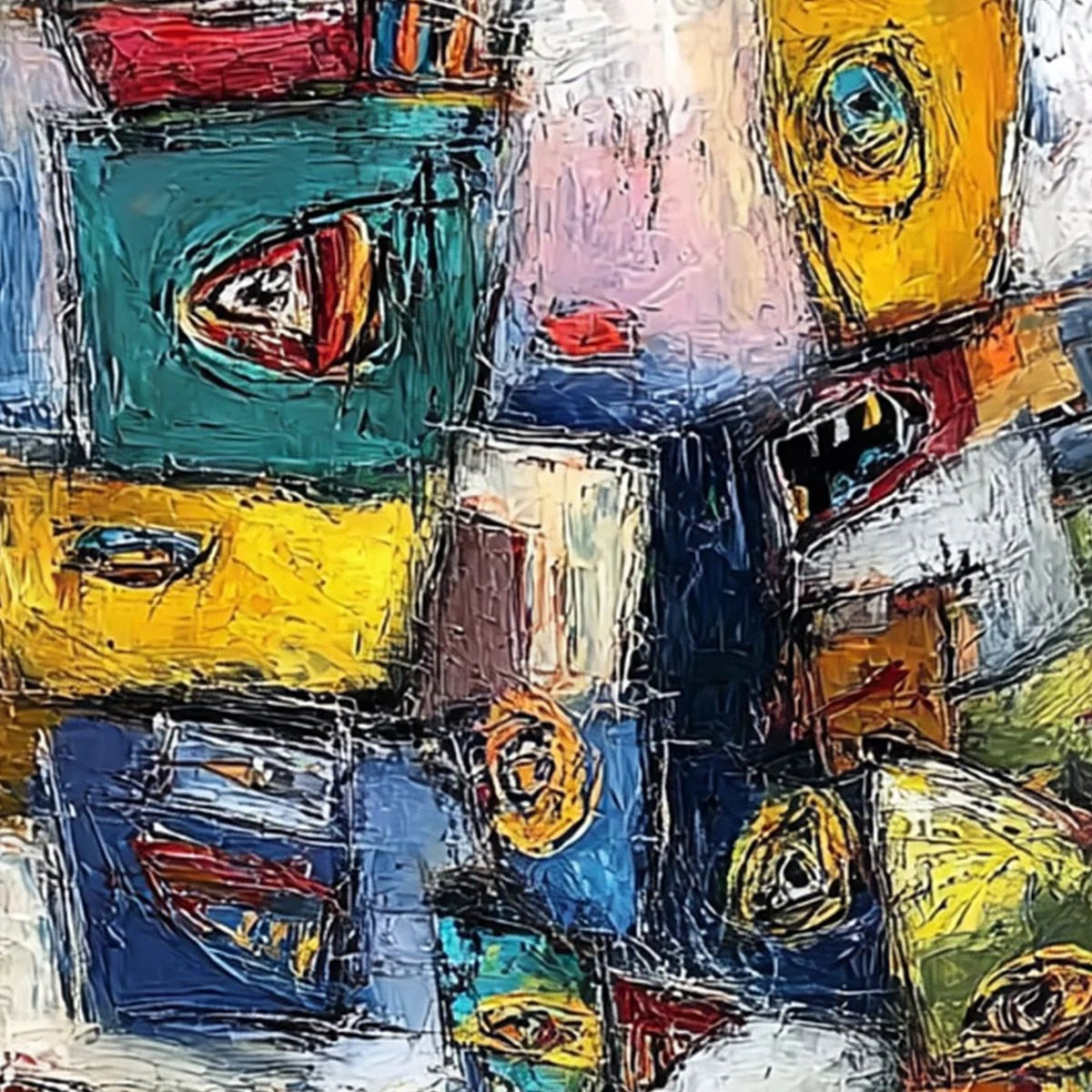 CONFRONTATION-Vibrant-Abstract-Figurative-Expressionist-Painting | rolled canvas, ready for custom framing
