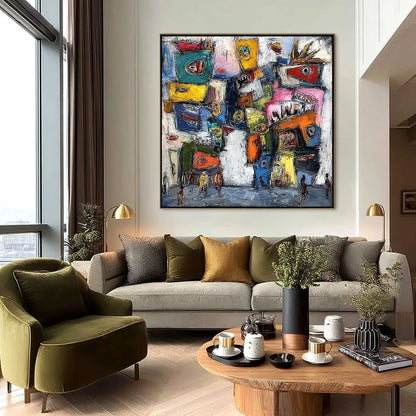 CONFRONTATION-Vibrant-Abstract-Figurative-Expressionist-Painting | black frame version on white wall