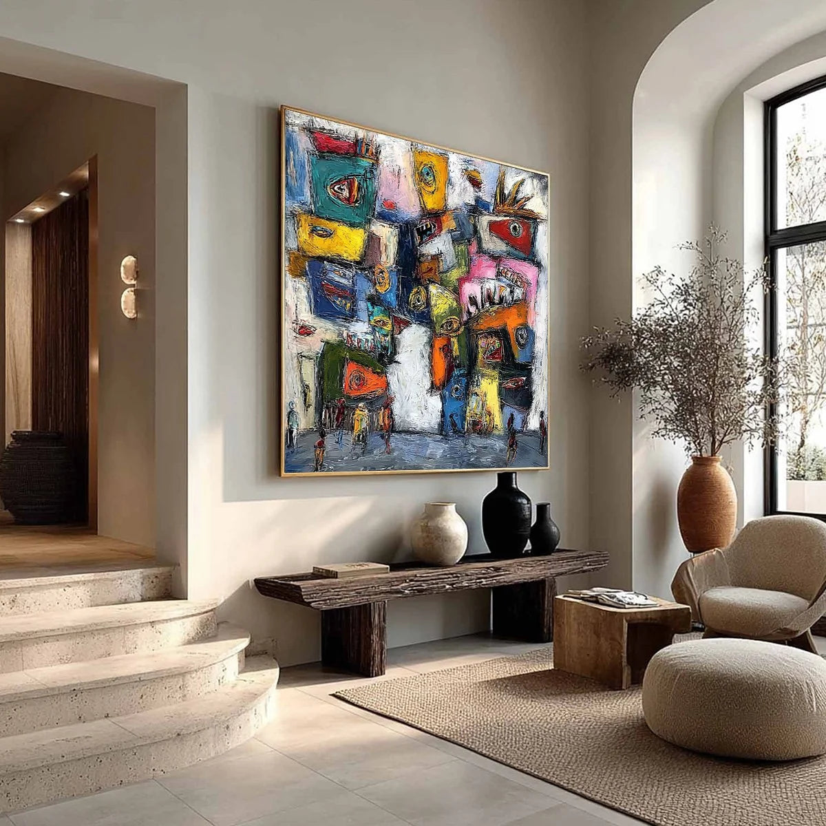 CONFRONTATION-Vibrant-Abstract-Figurative-Expressionist-Painting | beige palette, original Hand-painted on premium stretched canvas using artist-grade oils; rich layered surface combines smooth gra...
