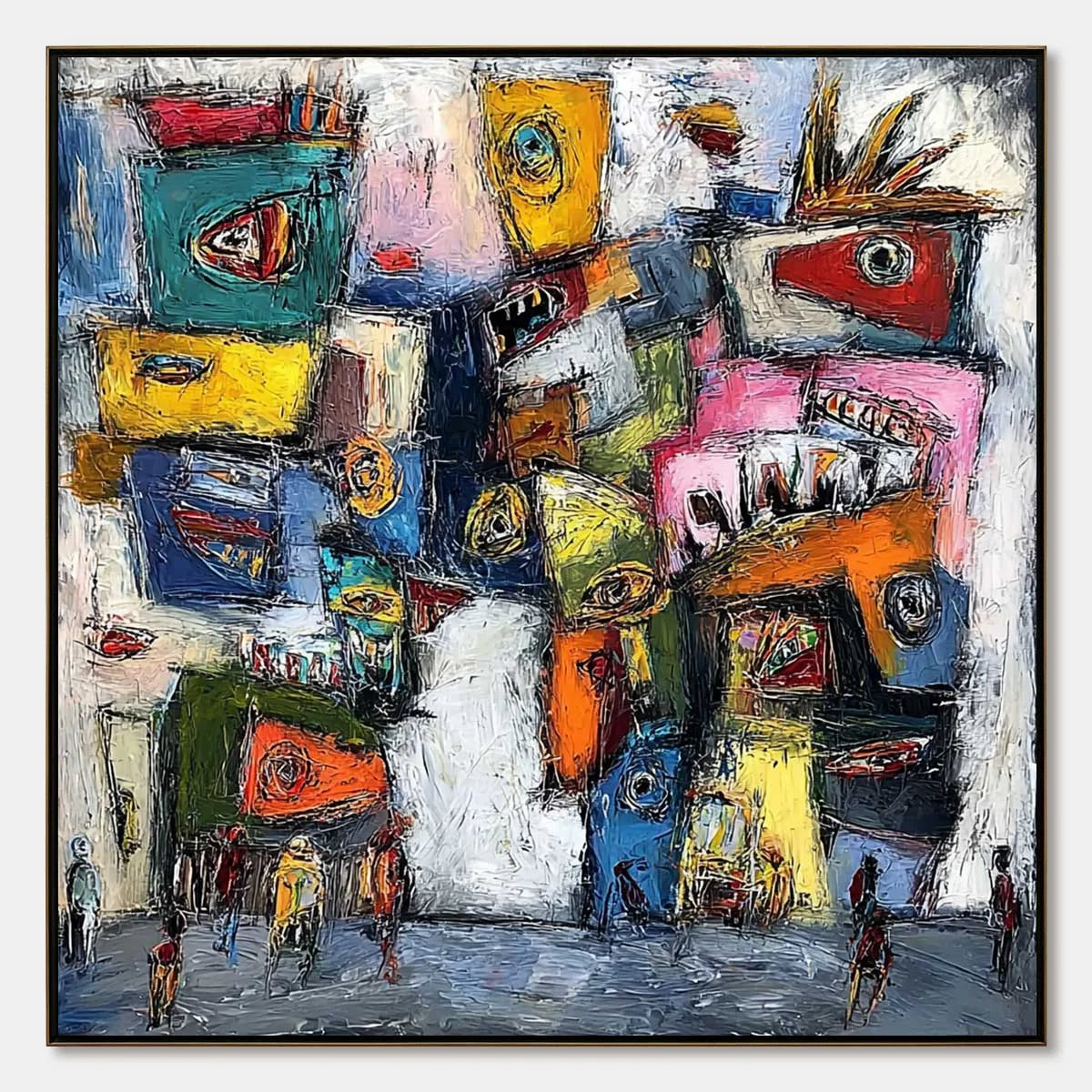 CONFRONTATION-Vibrant-Abstract-Figurative-Expressionist-Painting | hanging in CONFRONTATION-Vibrant-Abstract-Figurative-Expressionist-Painting featuring layered textured brushwork in refined tones;...