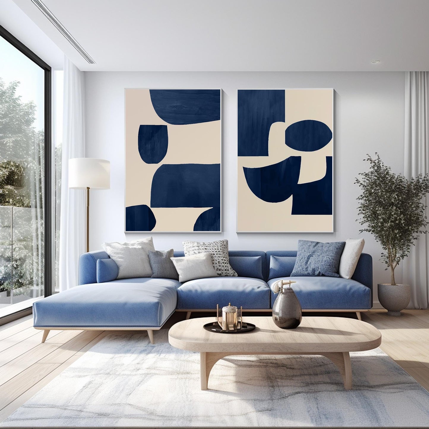 Conjunto de pintura geométrica en lienzo: Arte de pared minimalista en azul mari #11