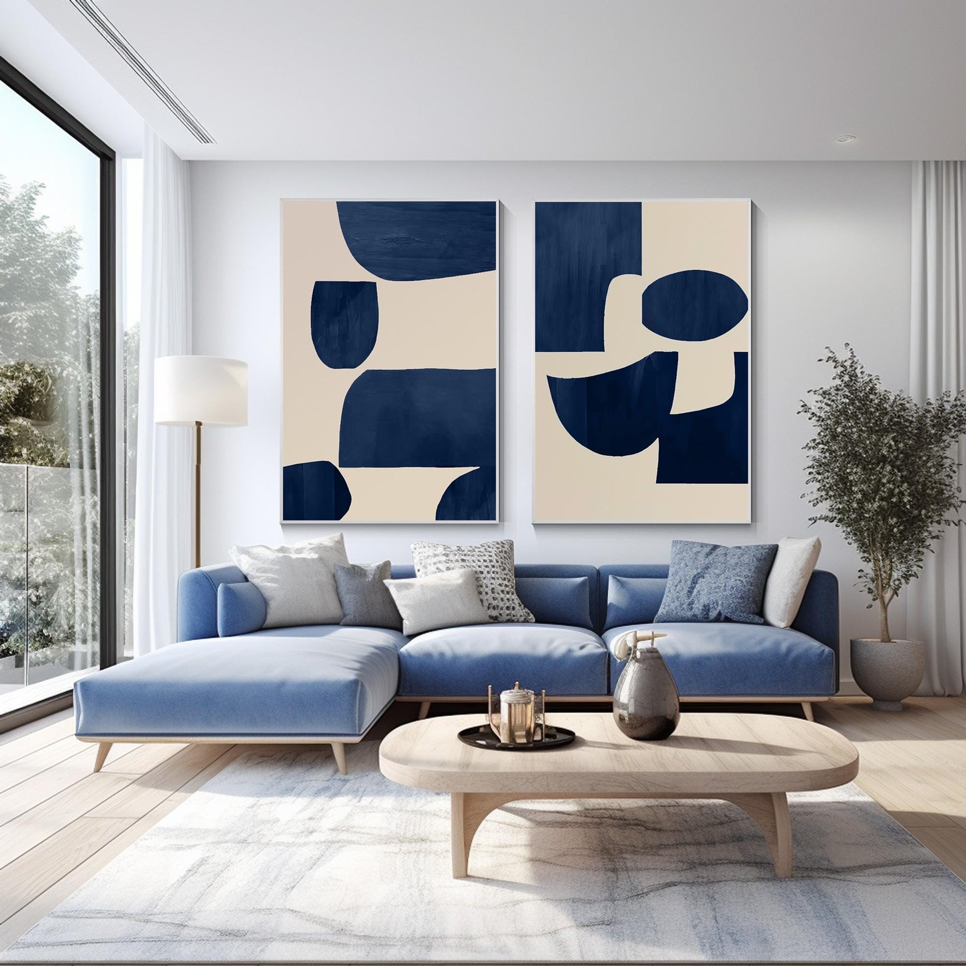 Conjunto de pintura geométrica en lienzo: Arte de pared minimalista en azul mari #11