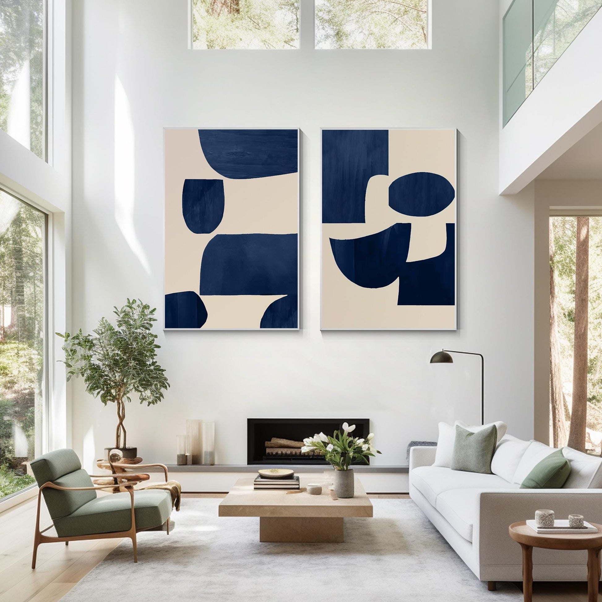 Conjunto de pintura geométrica en lienzo: Arte de pared minimalista en azul mari #12
