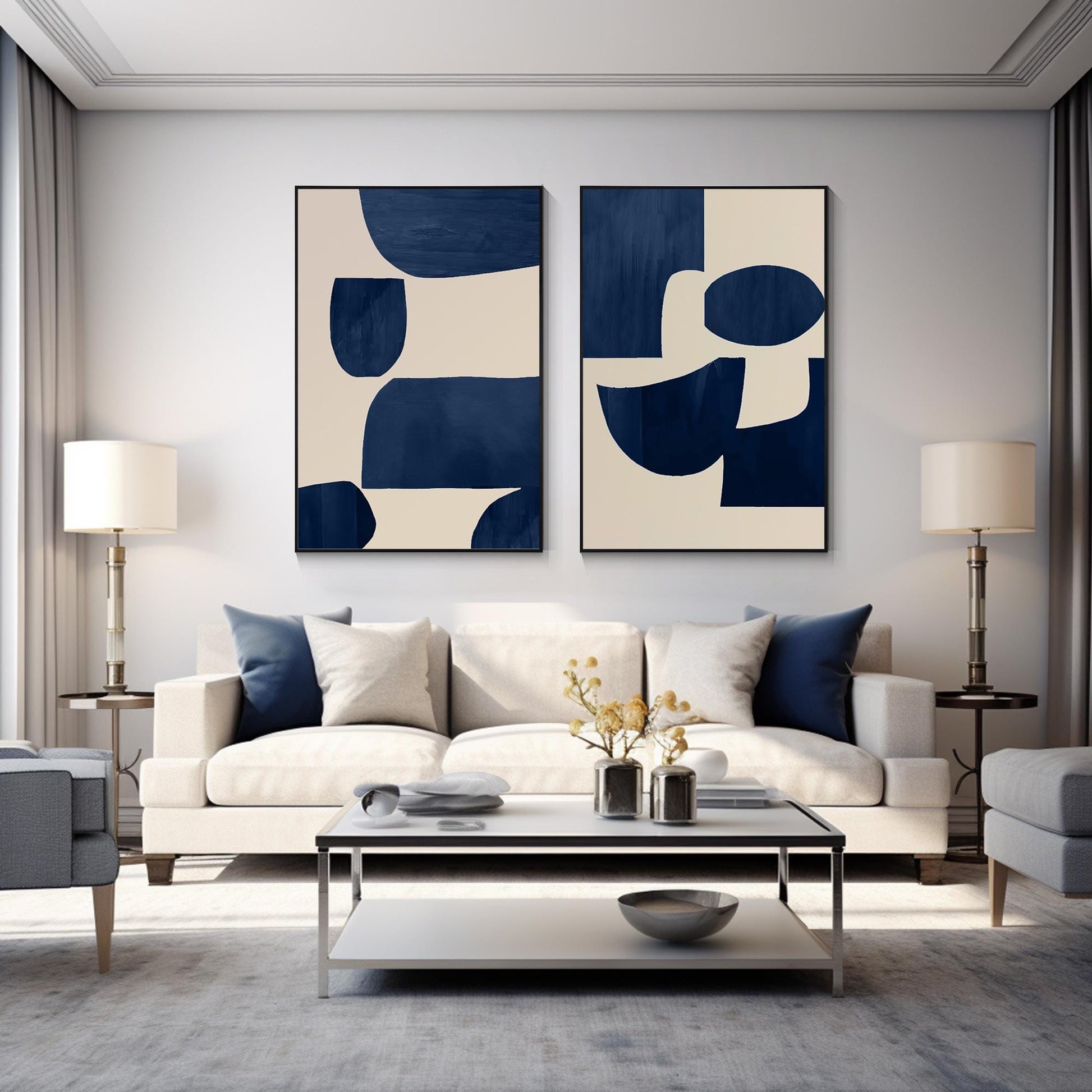 Conjunto de pintura geométrica en lienzo: Arte de pared minimalista en azul mari #13