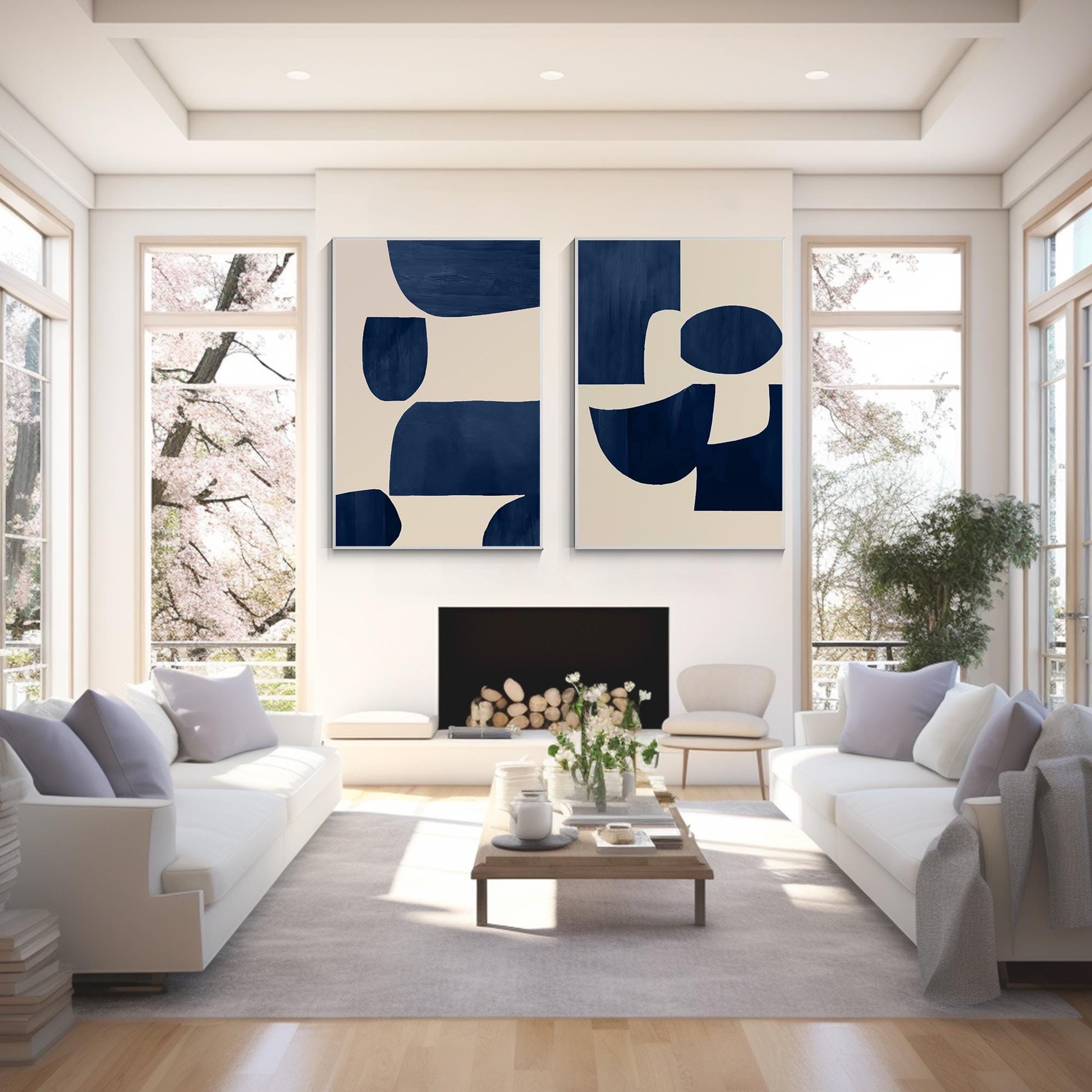Conjunto de pintura geométrica en lienzo: Arte de pared minimalista en azul mari #14