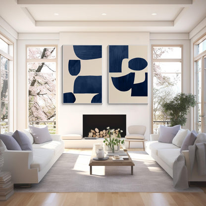 Conjunto de pintura geométrica en lienzo: Arte de pared minimalista en azul mari #14