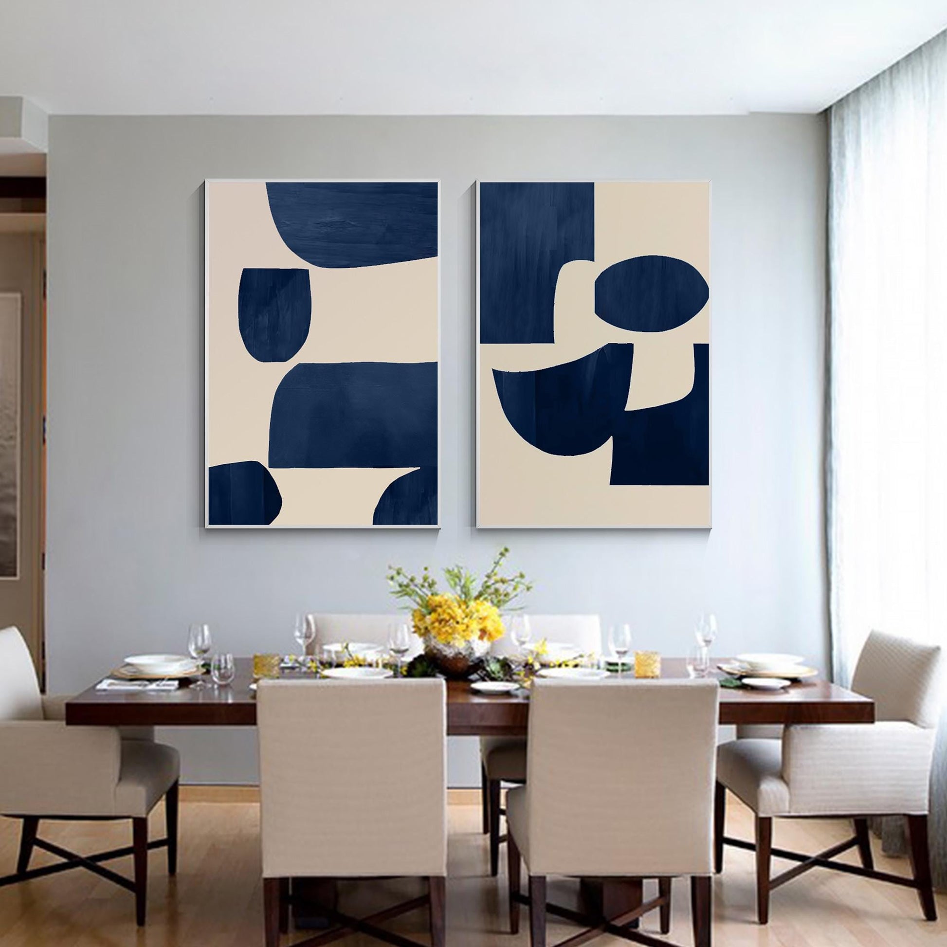 Conjunto de pintura geométrica en lienzo: Arte de pared minimalista en azul mari #1
