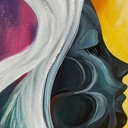 CONNECTED SOULS: Figurative Oil Painting of Two Faces | rectangular format, hand-painted canvas edge