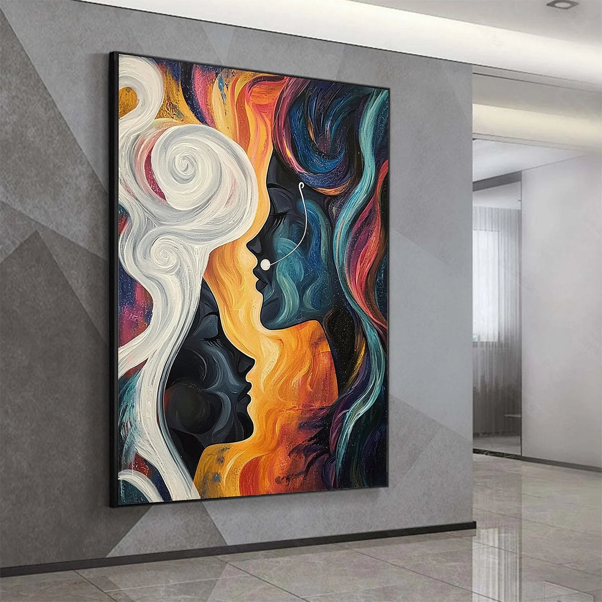 CONNECTED SOULS: Figurative Oil Painting of Two Faces | gold frame stretched on neutral wall