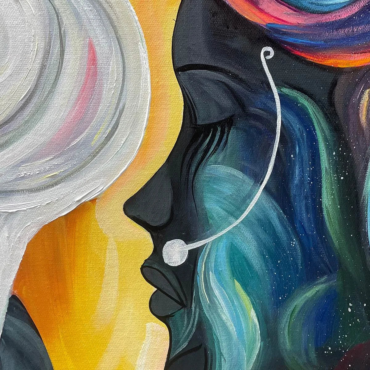 CONNECTED SOULS: Figurative Oil Painting of Two Faces | black frame version on white wall