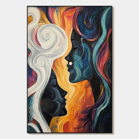 CONNECTED SOULS: Figurative Oil Painting of Two Faces | hanging in CONNECTED SOULS: Figurative Oil Painting of Two Faces featuring layered textured brushwork in refined tones; figurative compositio...