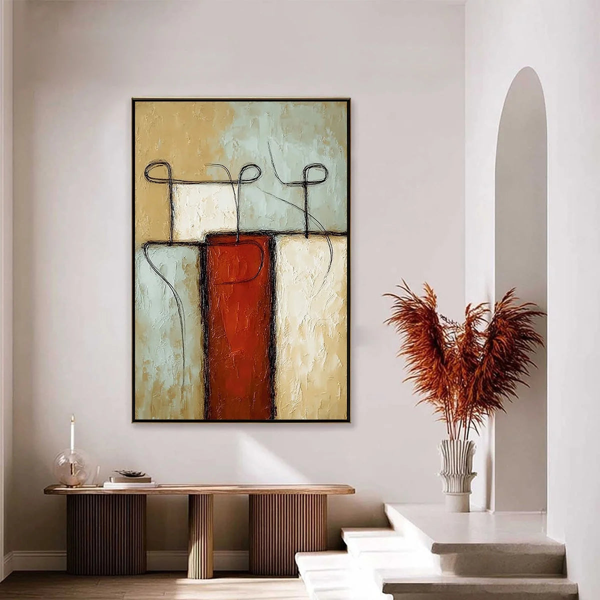 CONNECTION: Textured Minimalist Abstract Figurative Painting | gold frame stretched on neutral wall