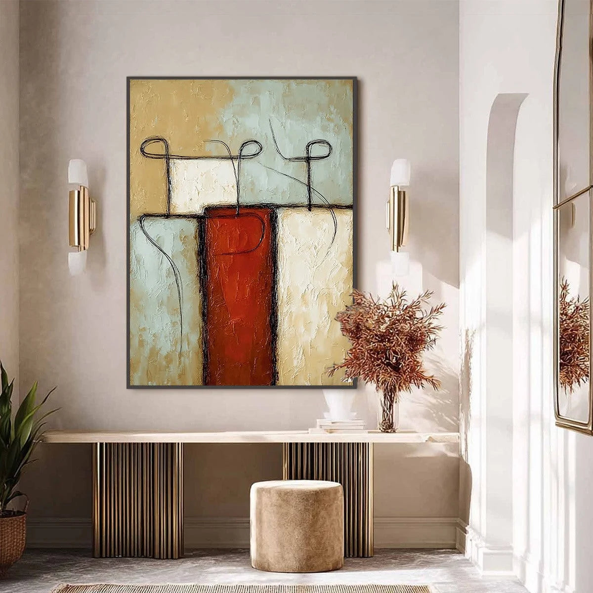 CONNECTION: Textured Minimalist Abstract Figurative Painting | black frame version on white wall