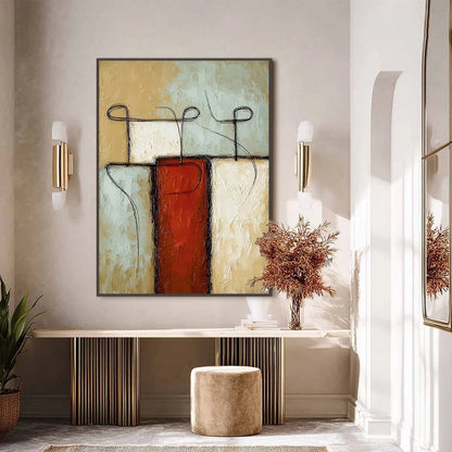 CONNECTION: Textured Minimalist Abstract Figurative Painting | black frame version on white wall
