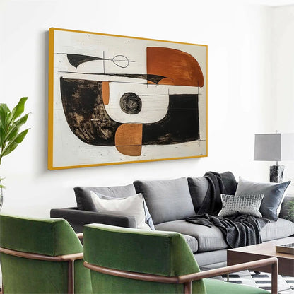 CONSTRUCT: Modern Abstract Geometric Oil Painting | gold frame stretched on neutral wall