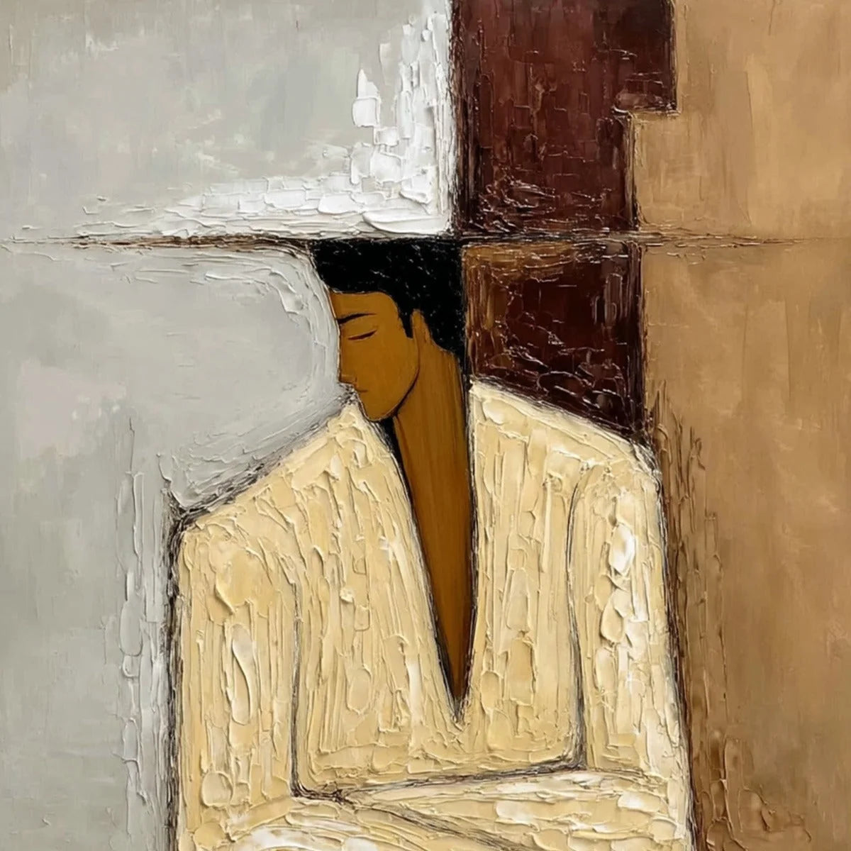 CONTEMPLATION: Textured Abstract Figurative Portrait Oil Painting | rectangular format, hand-painted canvas edge