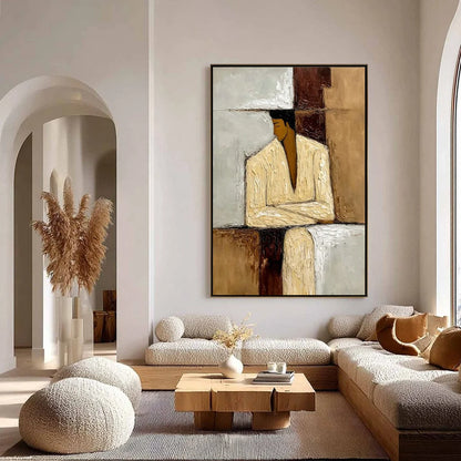 CONTEMPLATION: Textured Abstract Figurative Portrait Oil Painting | gold frame stretched on neutral wall