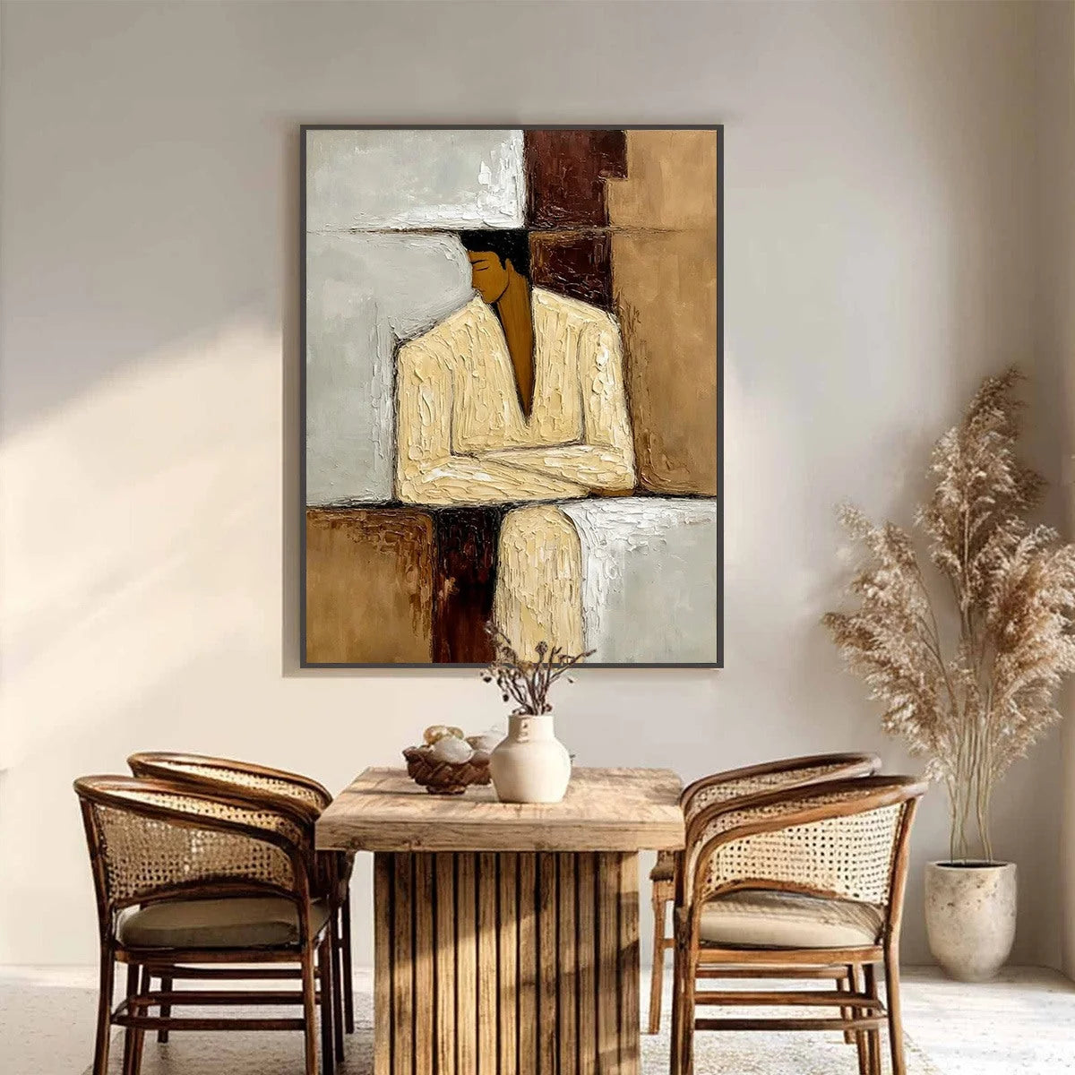 CONTEMPLATION: Textured Abstract Figurative Portrait Oil Painting | black frame version on white wall