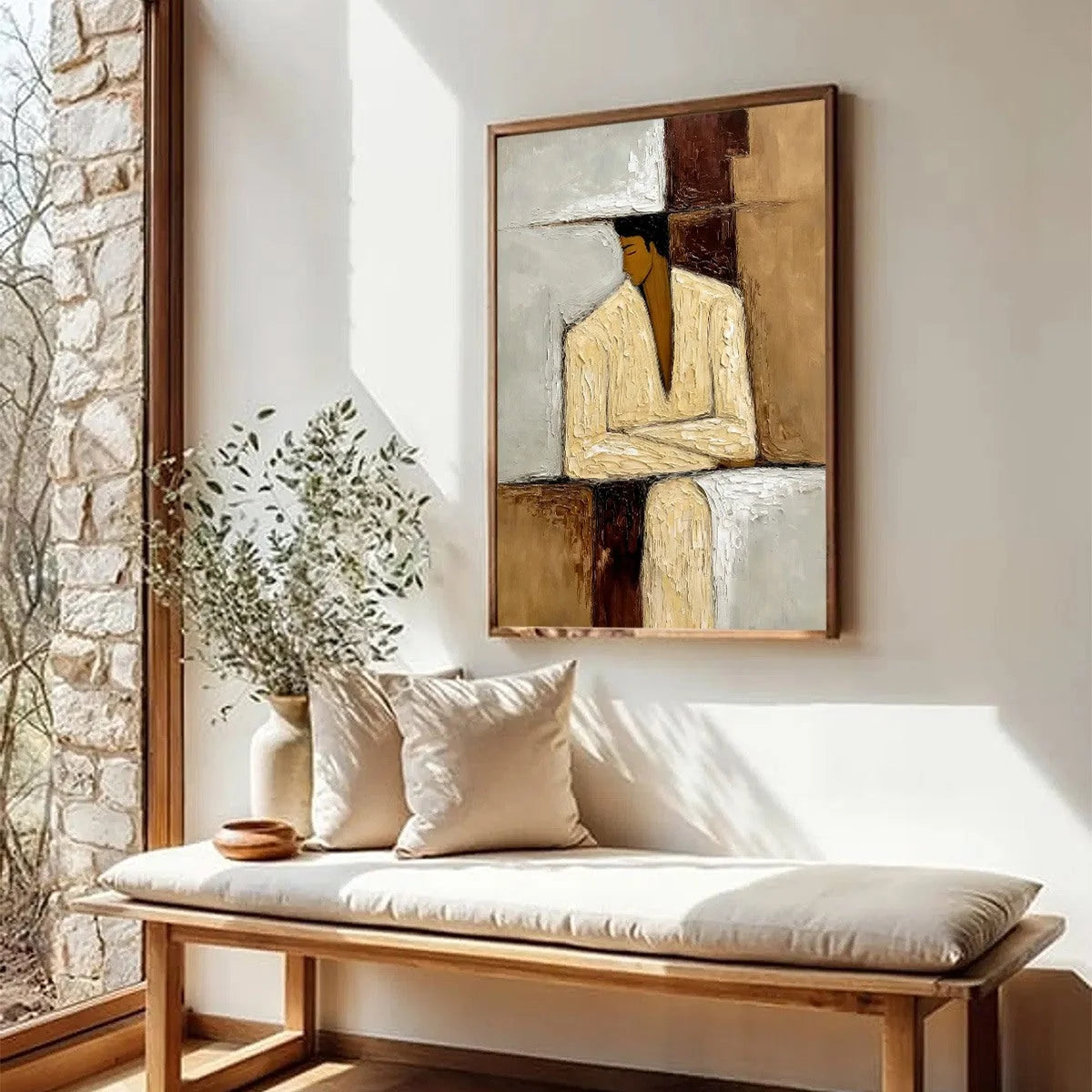 CONTEMPLATION: Textured Abstract Figurative Portrait Oil Painting | beige palette, original Hand-painted on premium stretched canvas using artist-grade oils; rich layered surface combines smooth gr...
