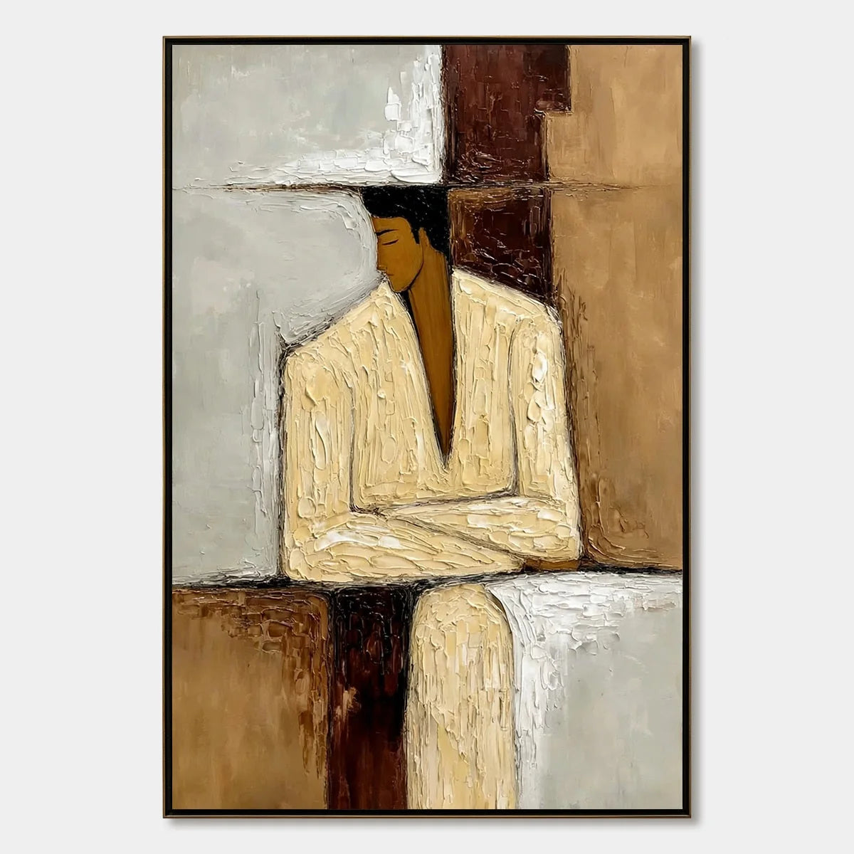 CONTEMPLATION: Textured Abstract Figurative Portrait Oil Painting | hanging in CONTEMPLATION: Textured Abstract Figurative Portrait Oil Painting featuring layered textured brushwork in refined tone...