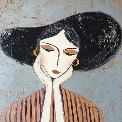 Contemplation Textured Portrait Oil Painting | Modern Wall Art | rectangular format, hand-painted canvas edge