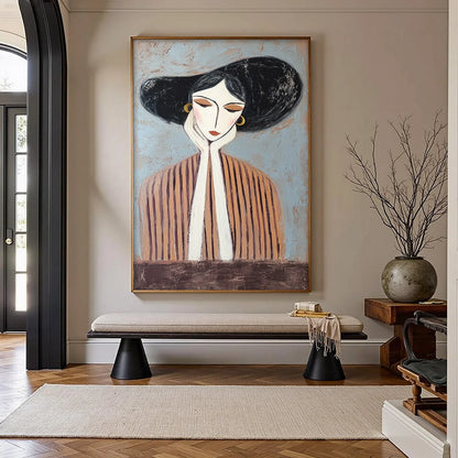 Contemplation Textured Portrait Oil Painting | Modern Wall Art | gold frame stretched on neutral wall