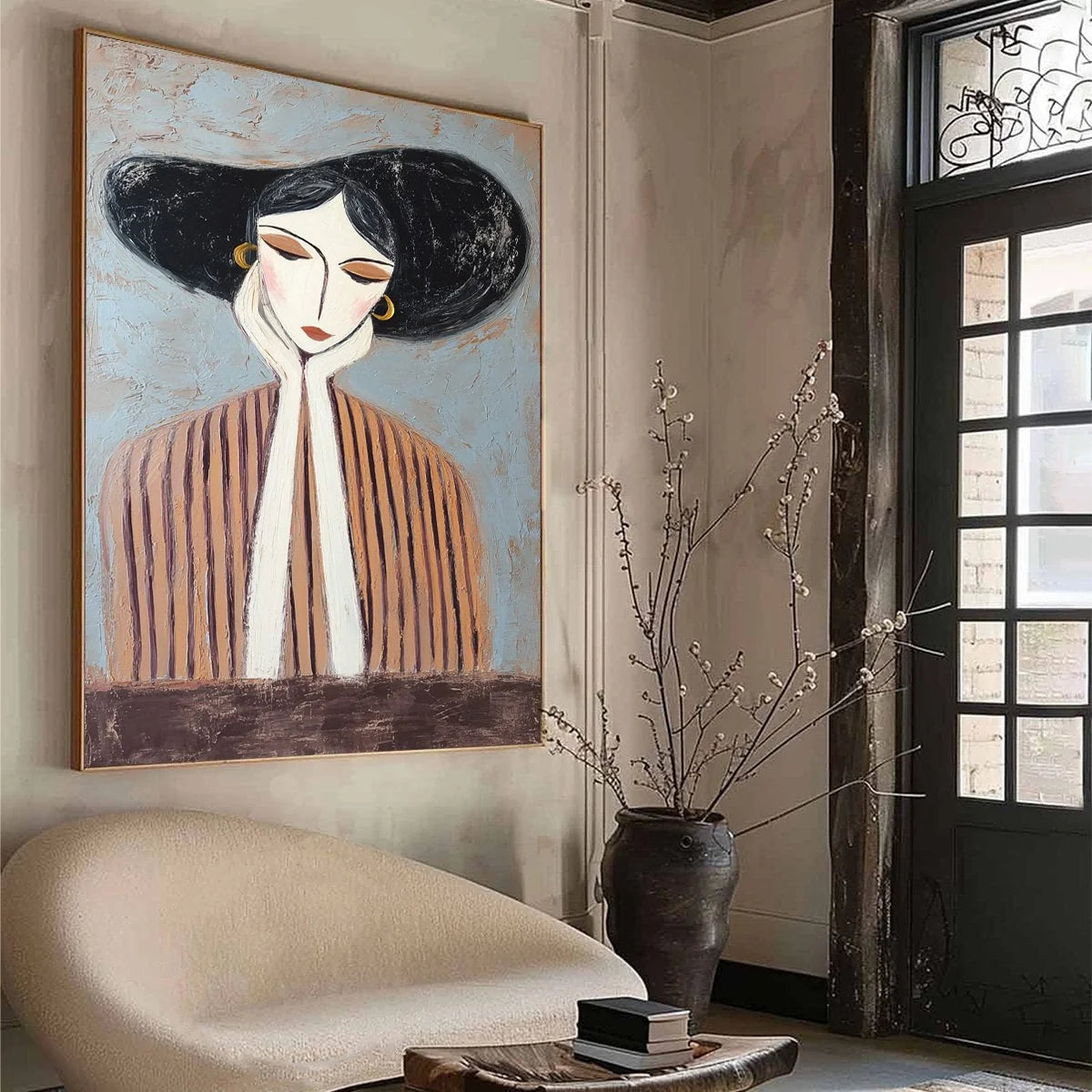 Contemplation Textured Portrait Oil Painting | Modern Wall Art | beige palette, original Hand-painted on premium stretched canvas using artist-grade oils; rich layered surface combines smooth gradi...